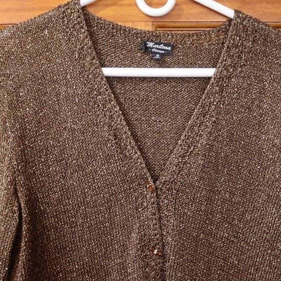 Marilena Brown Gold Sparkly Chunky Toggle Knit Cardigan Sweater Medium - Picture 3 of 11
